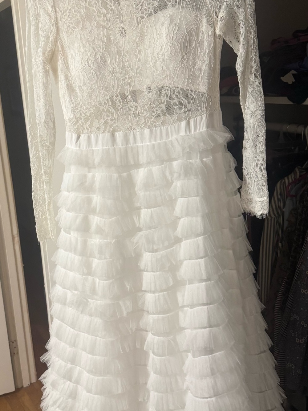 White Lace Long-Sleeve Midi Dress with Tiered Tulle Skirt